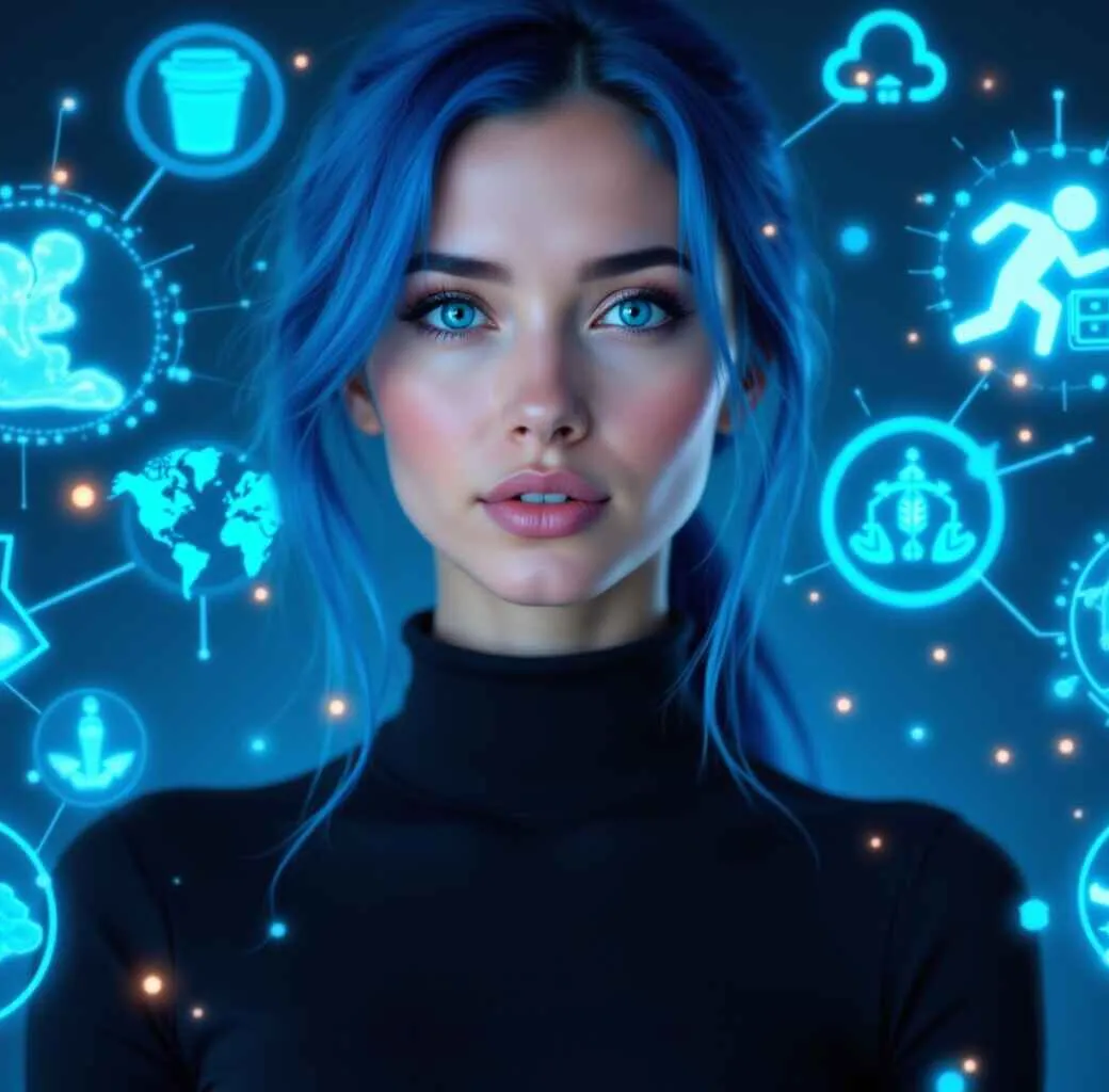 sally is dynamic, futuristic illustration that visually represents the concept of Bio-AI Hacks: 5 Smart Ways AI Is Optimizing Your Metabolism Daily. Depict a diverse, energetic individual surrounded by five glowing, interconnected icons or holograms, each symbolizing a different AI-driven metabolic optimization: real-time nutrition analysis (healthy foods and data streams), personalized exercise guidance (fitness tracker, running shoes), sleep optimization (moon, smart wearable), stress reduction (calm mind, neural network), and metabolic flexibility (cellular or molecular graphics). Integrate subtle digital elements like circuit patterns, neural networks, or data overlays to convey the fusion of biology and artificial intelligence. The overall style should be sleek, modern, and inspiring—emphasizing empowerment, innovation, and daily wellness through AI. Use vibrant colors and soft lighting to evoke a sense of vitality, metabolism, and progress.
